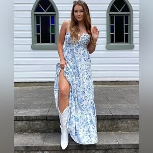 Blue and White Floral Halter Maxi Dress